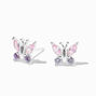 Sterling Silver Pink &amp; Purple Cubic Zirconia Butterfly Stud Earrings,