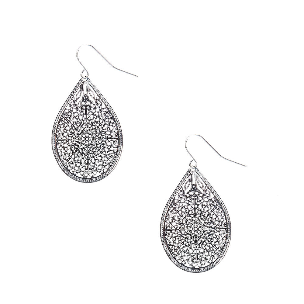 Silver-tone Filigree Teardrop Medallion Drop Earrings,