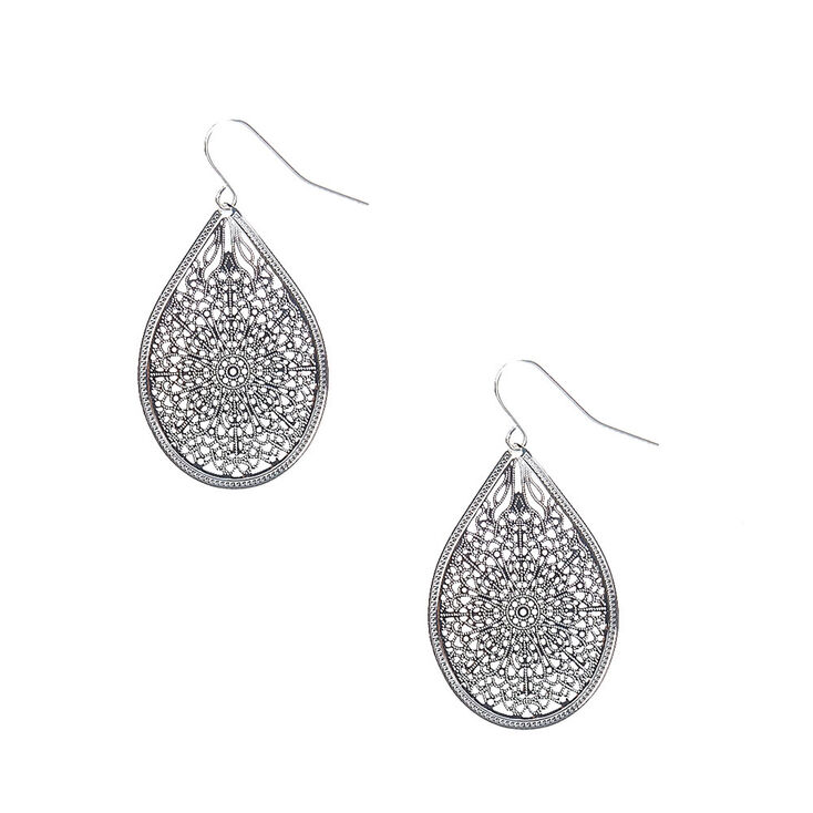 Silver-tone Filigree Teardrop Medallion Drop Earrings,