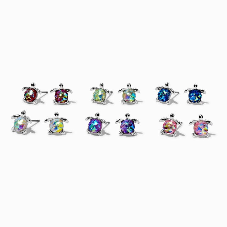 Silver Rainbow Turtle Stud Earrings - 6 Pack