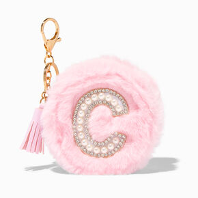 Pink Furry Pearl Initial Coin Purse Keychain - C,