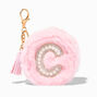 Pink Furry Pearl Initial Coin Purse Keychain - C,