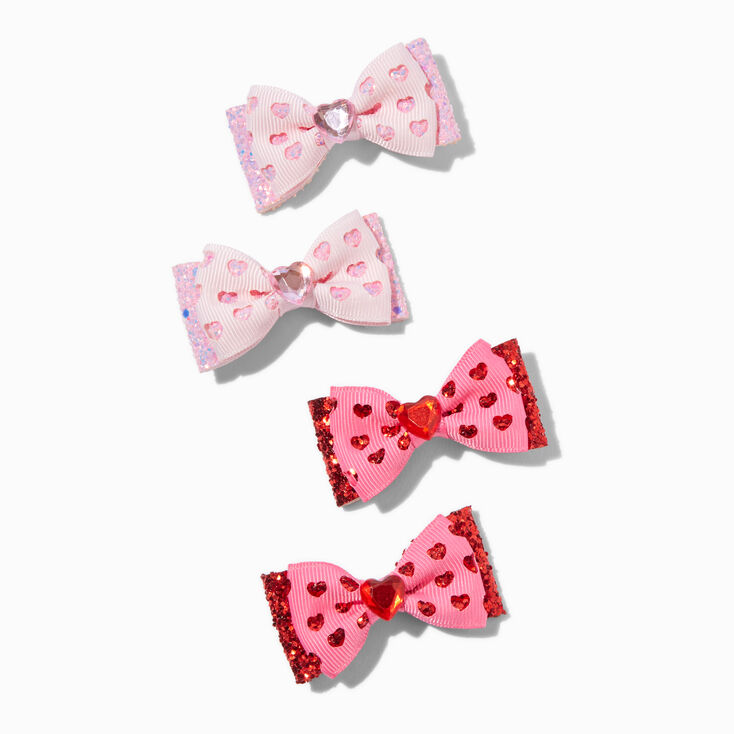 Valentine&#39;s Day Glitter Heart Bow Hair Clips - 4 Pack,