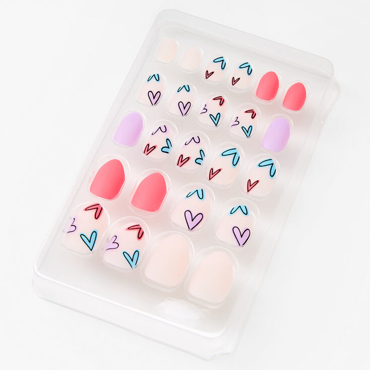 Faux ongles autocollants amande c&oelig;urs pastel - Lot de 24,