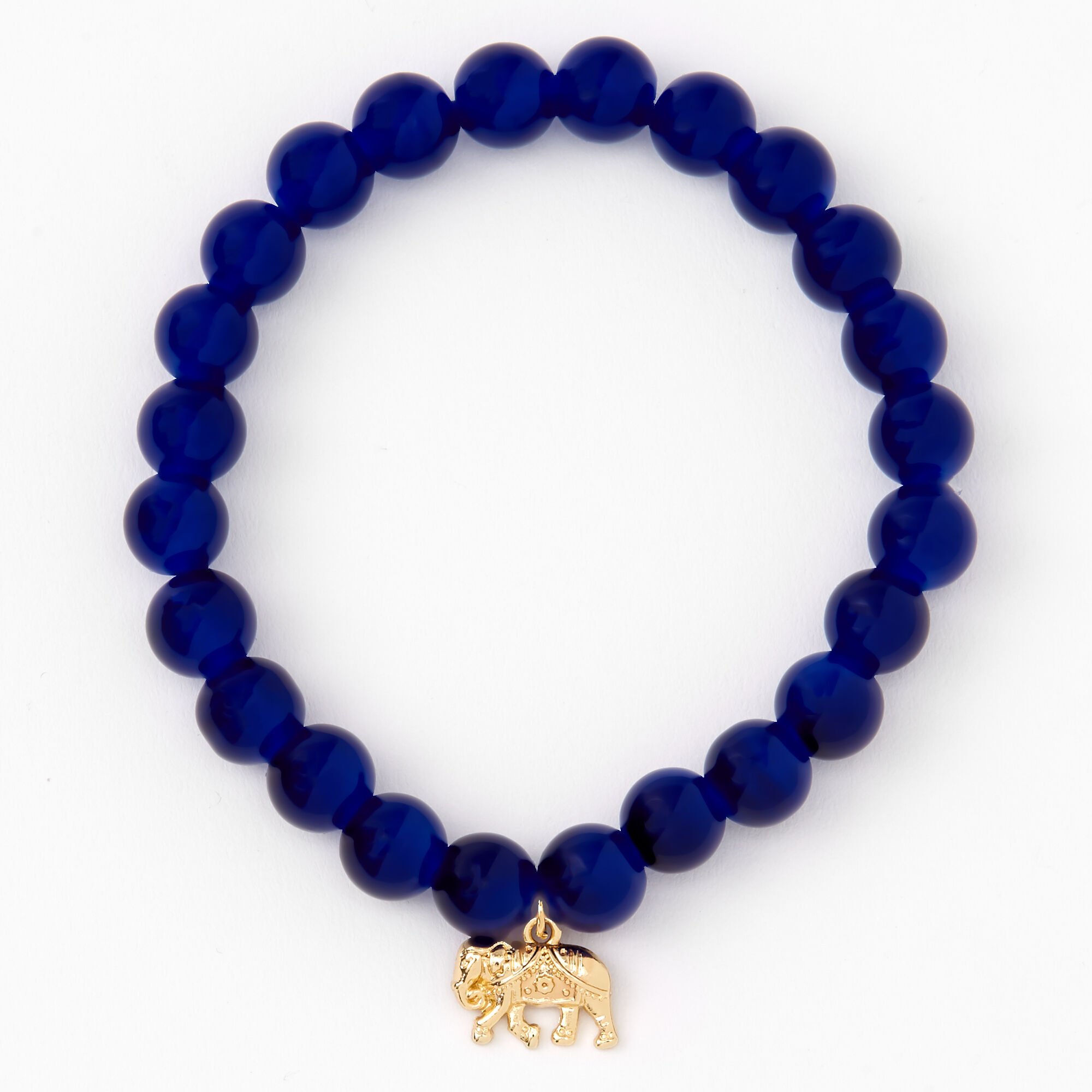 Bracelet élastique perlé éléphant couleur dorée - Bleu roi,