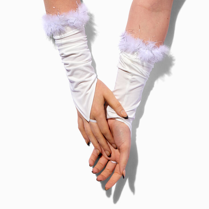 Fluffy Marabou Trim White Arm Warmers,