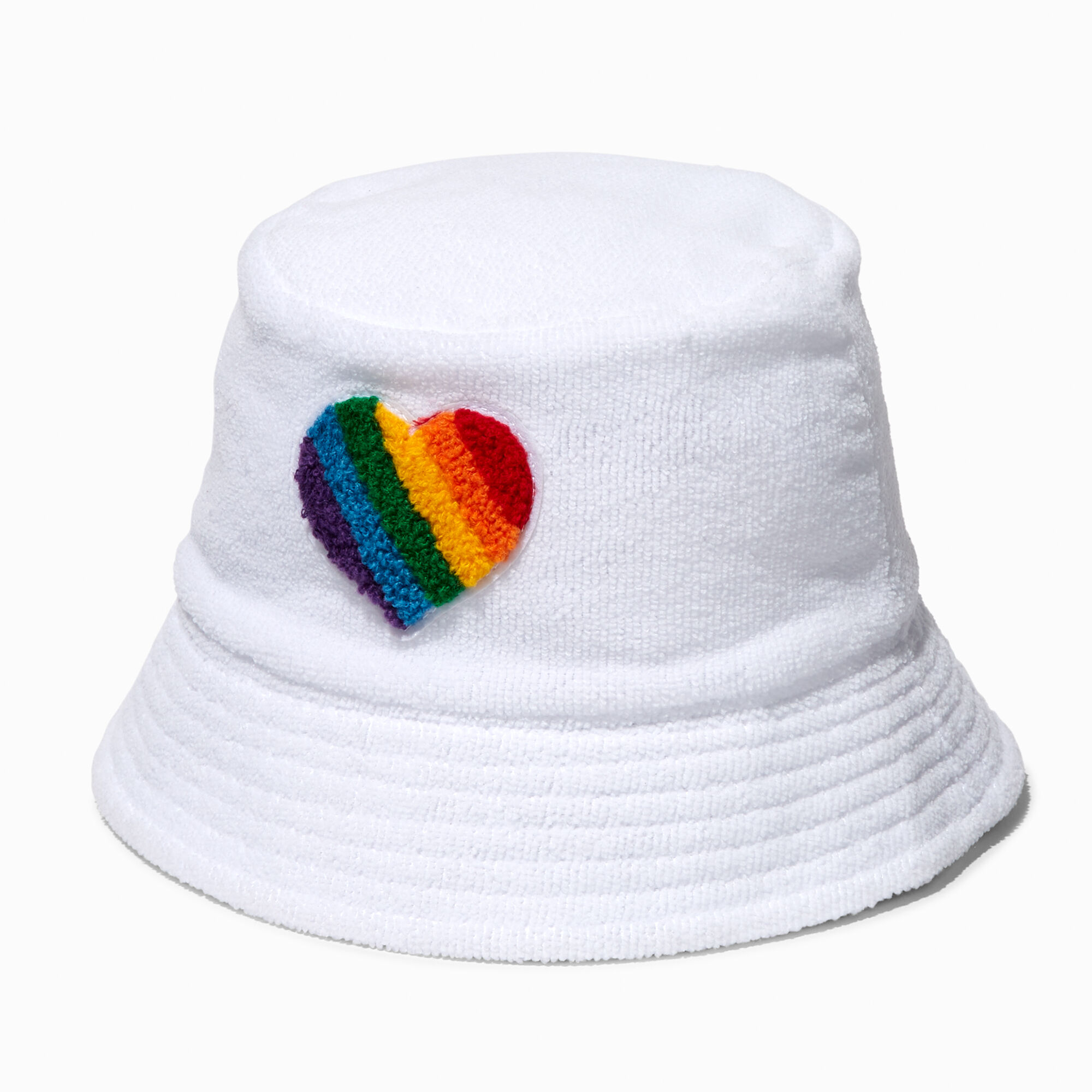 View Claires Rainbow Stripe Heart Terry Bucket Hat White information