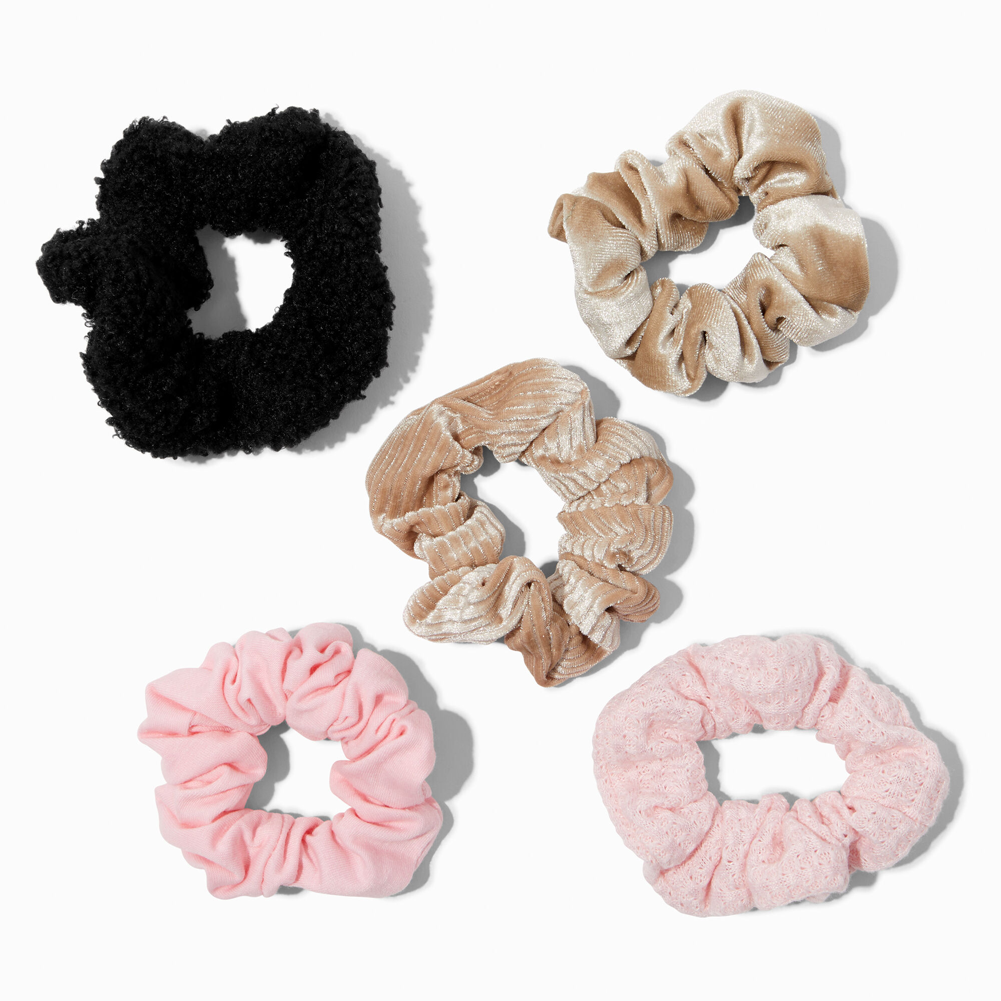 View Claires Neutral Mixed Texture Hair Scrunchies 5 Pack Black information