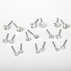 Silver-tone Crystal Graduated Round Stud Earrings - 9 Pack,