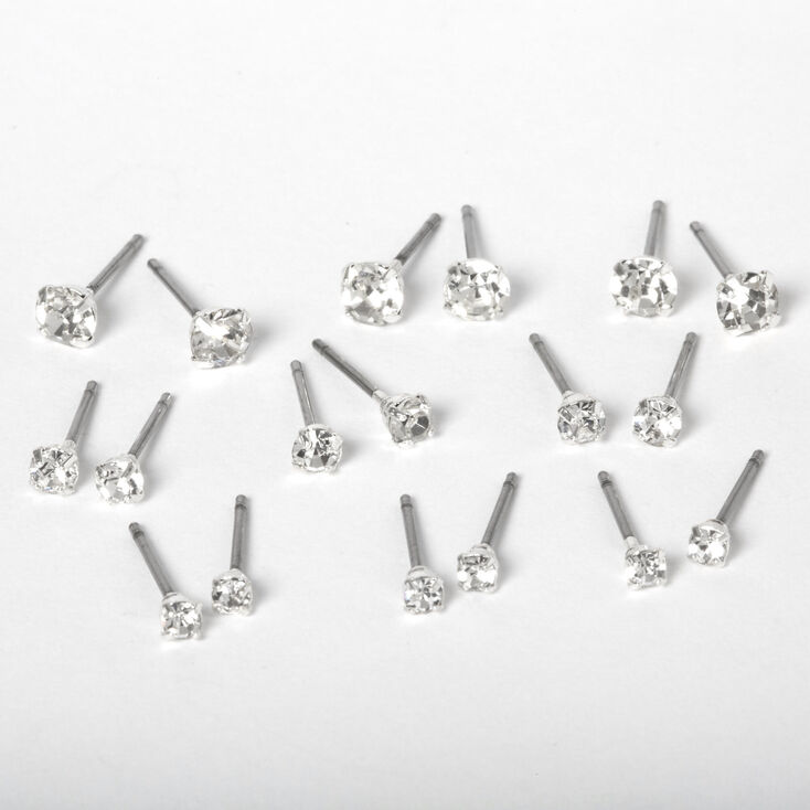 Silver-tone Crystal Graduated Round Stud Earrings - 9 Pack,
