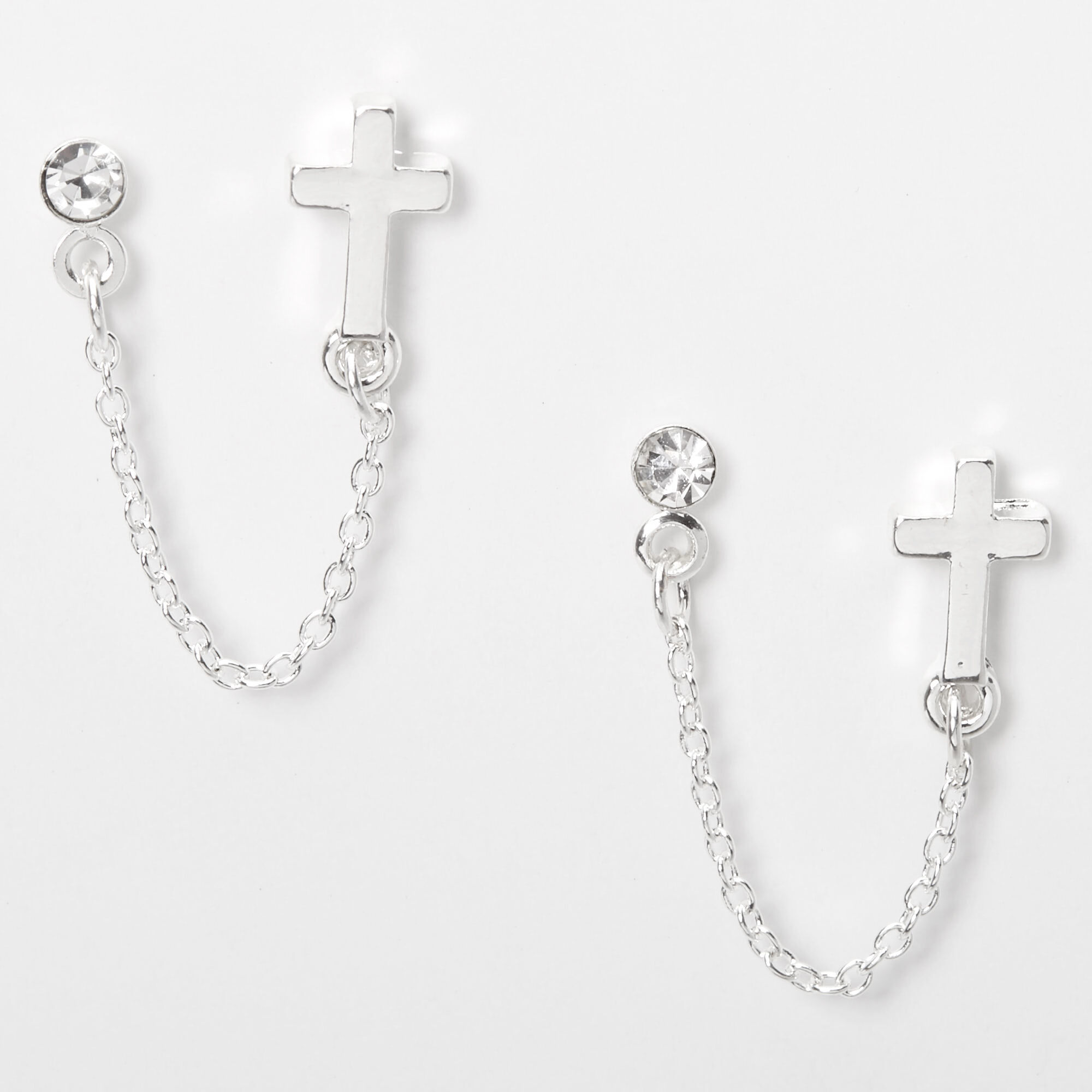 Silver Embellished Cross Connector Chain Stud Earrings