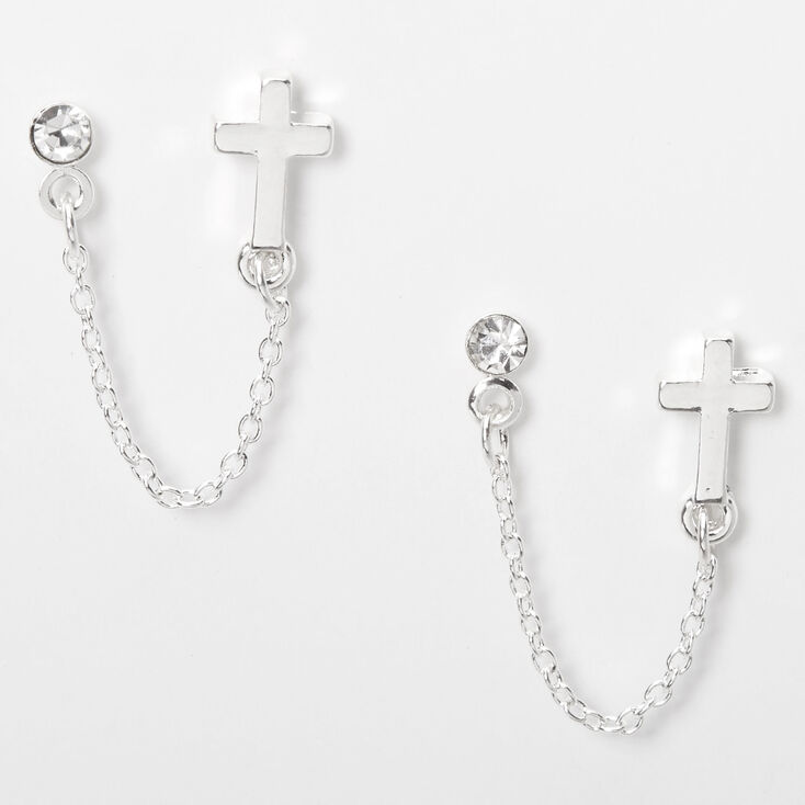 Silver Embellished Cross Connector Chain Stud Earrings