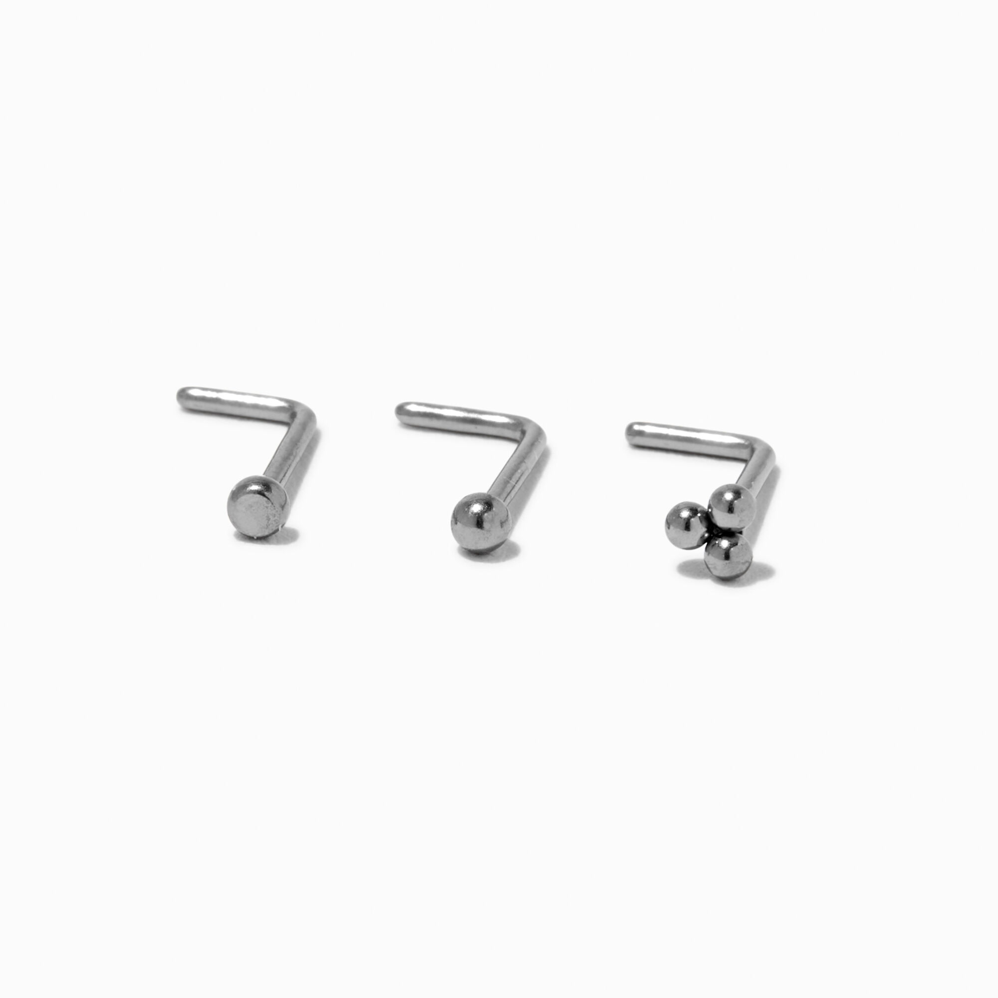 View Claires Tone Titanium Mixed Nose Studs 3 Pack Silver information