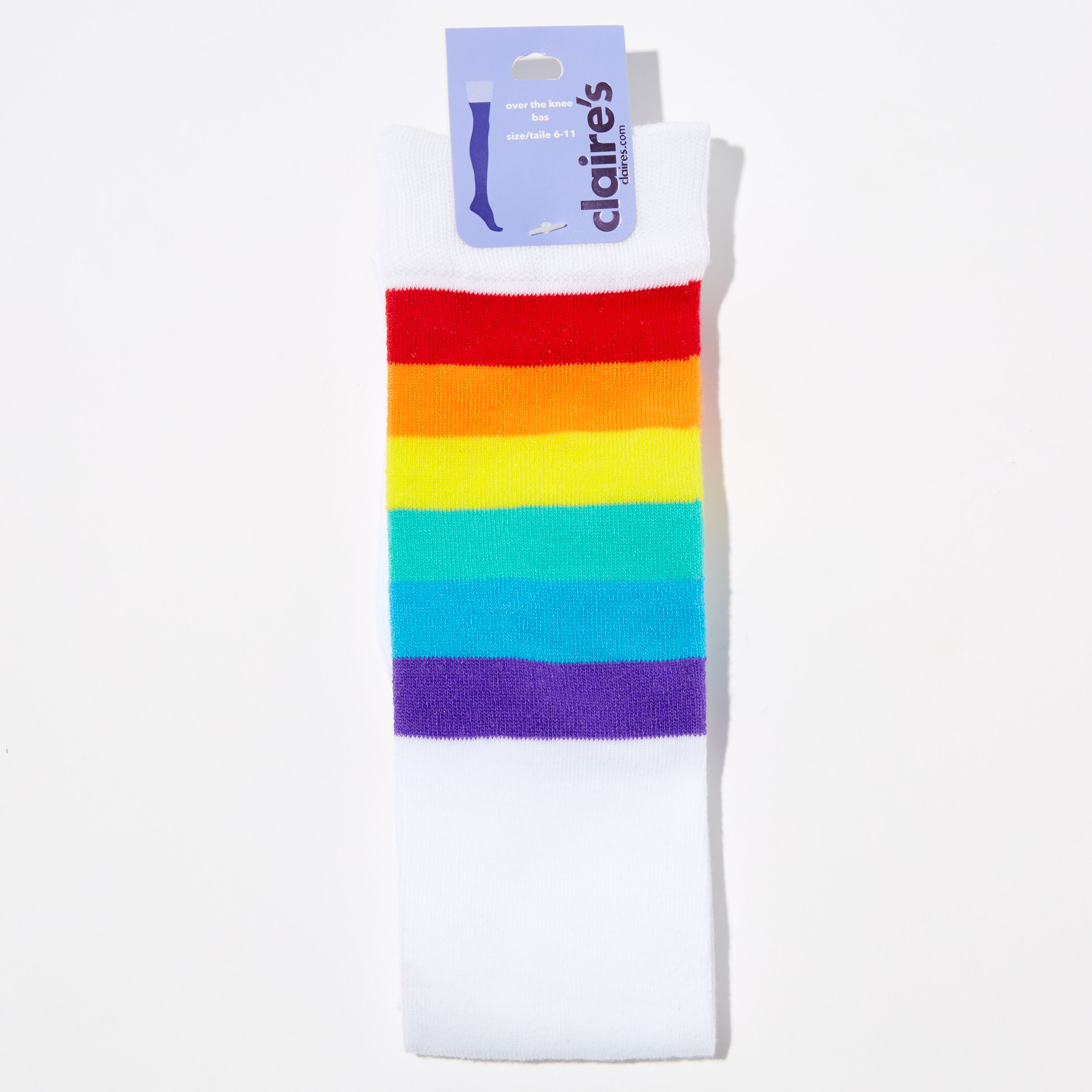 Rainbow Striped Over the Knee Socks - White,