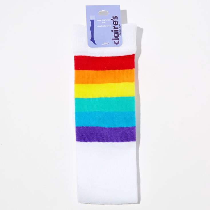 Rainbow Striped Over the Knee Socks - White,