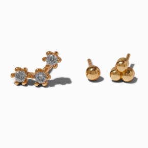 Gold-tone Stainless Steel Cubic Zirconia 18G Stud Threadless Cartilage Earrings - 3 Pack,