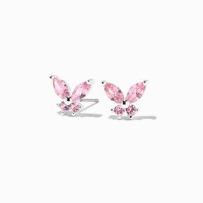 Pink Cubic Zirconia Silver-tone Butterfly Stud Earrings,