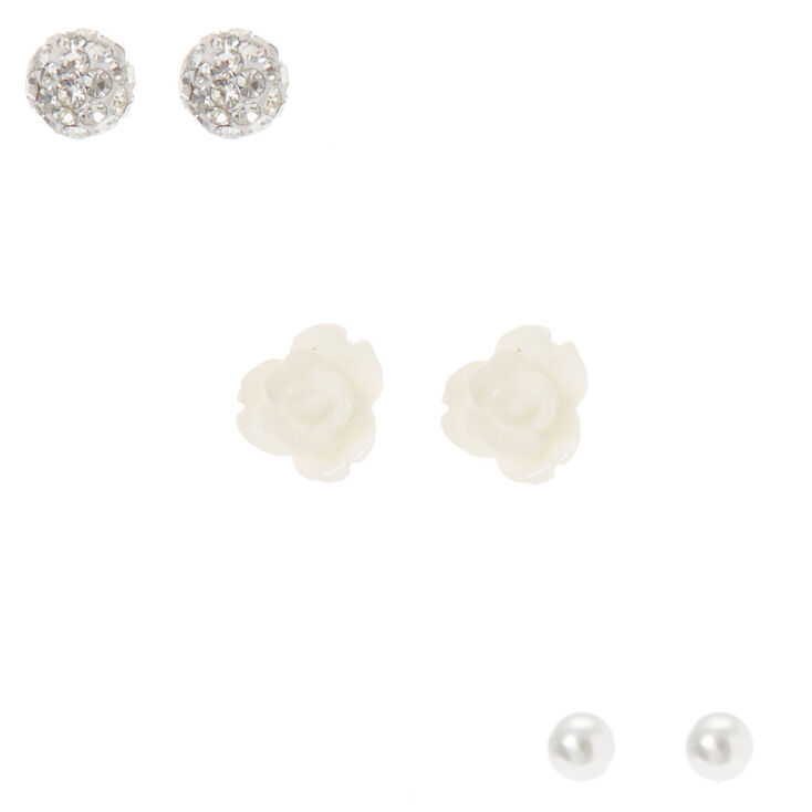 Claire's Lot de 3 paires de clous d'oreille floraux blancs