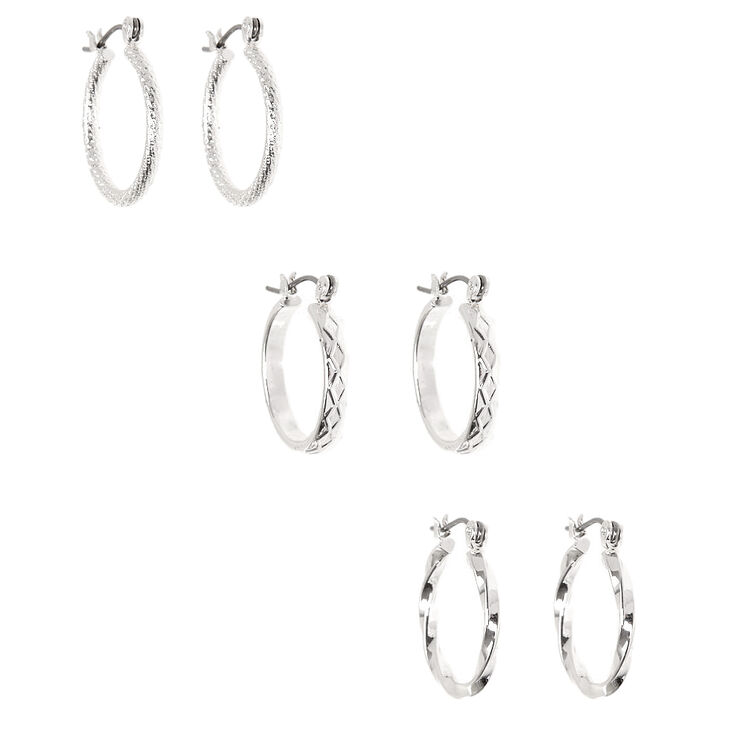 Silver-tone Thick Textured 20mm Hoop Earrings - 3 Pack,
