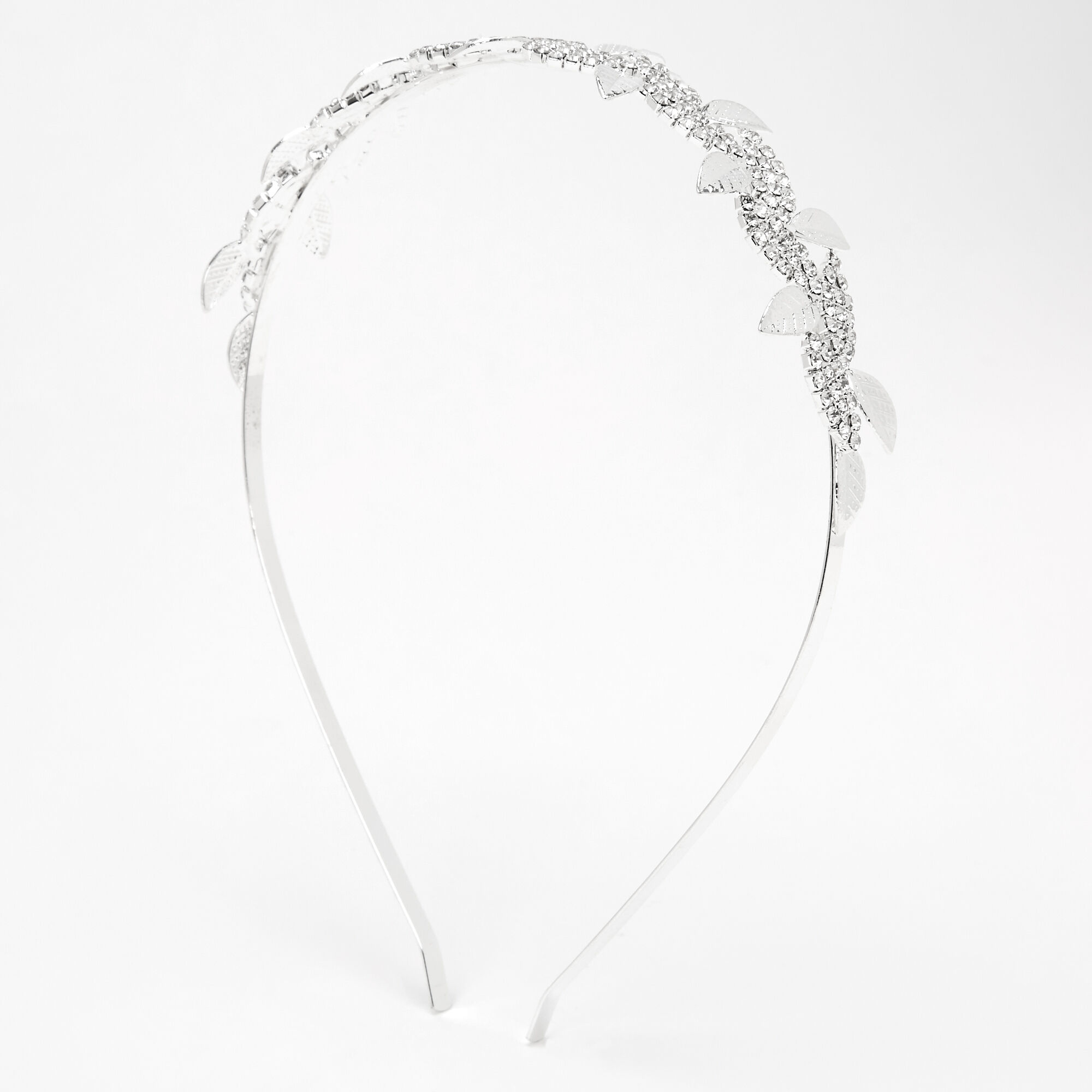 View Claires Tone Sleek Rhinestone Pave Leaf Headband Silver information