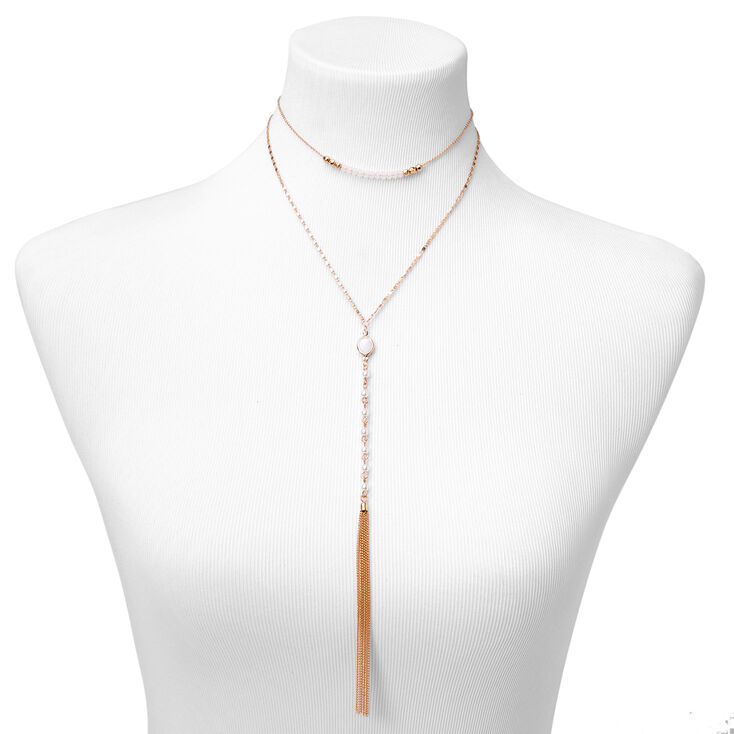 Gold Pearl Fringed Multi Strand Lariat Necklace,