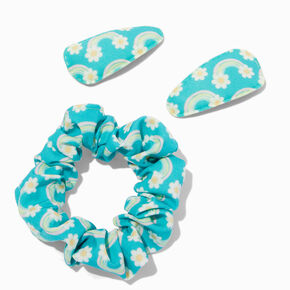 Claire&#39;s Club Teal Rainbow Scrunchie &amp; Hair Clip Set - 3 Pack,