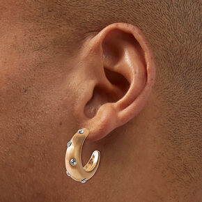 Gold-tone Thick Studded Crystal Hoop Earrings,