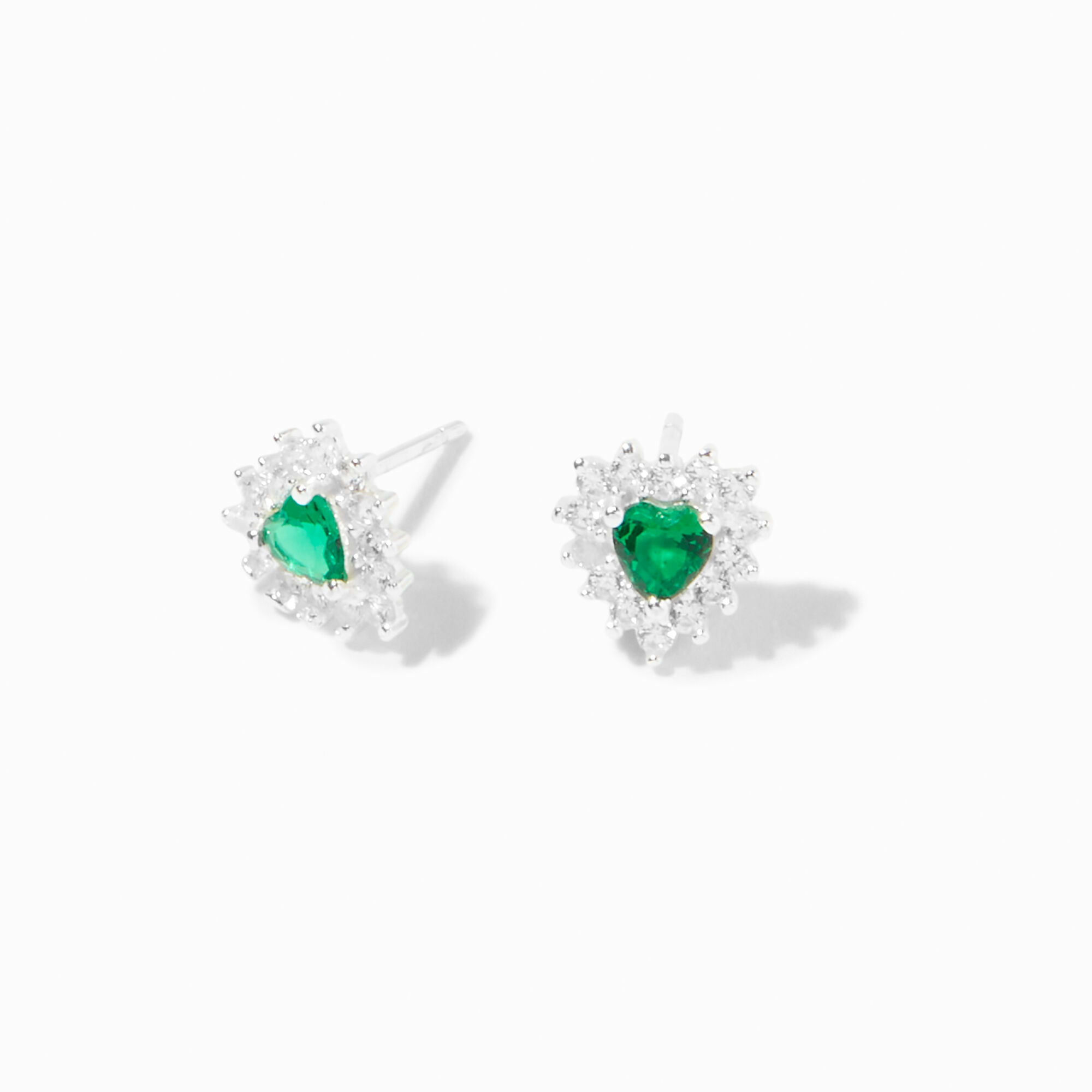 Sterling Silver Cubic Zirconia Emerald Heart Stud Earrings,