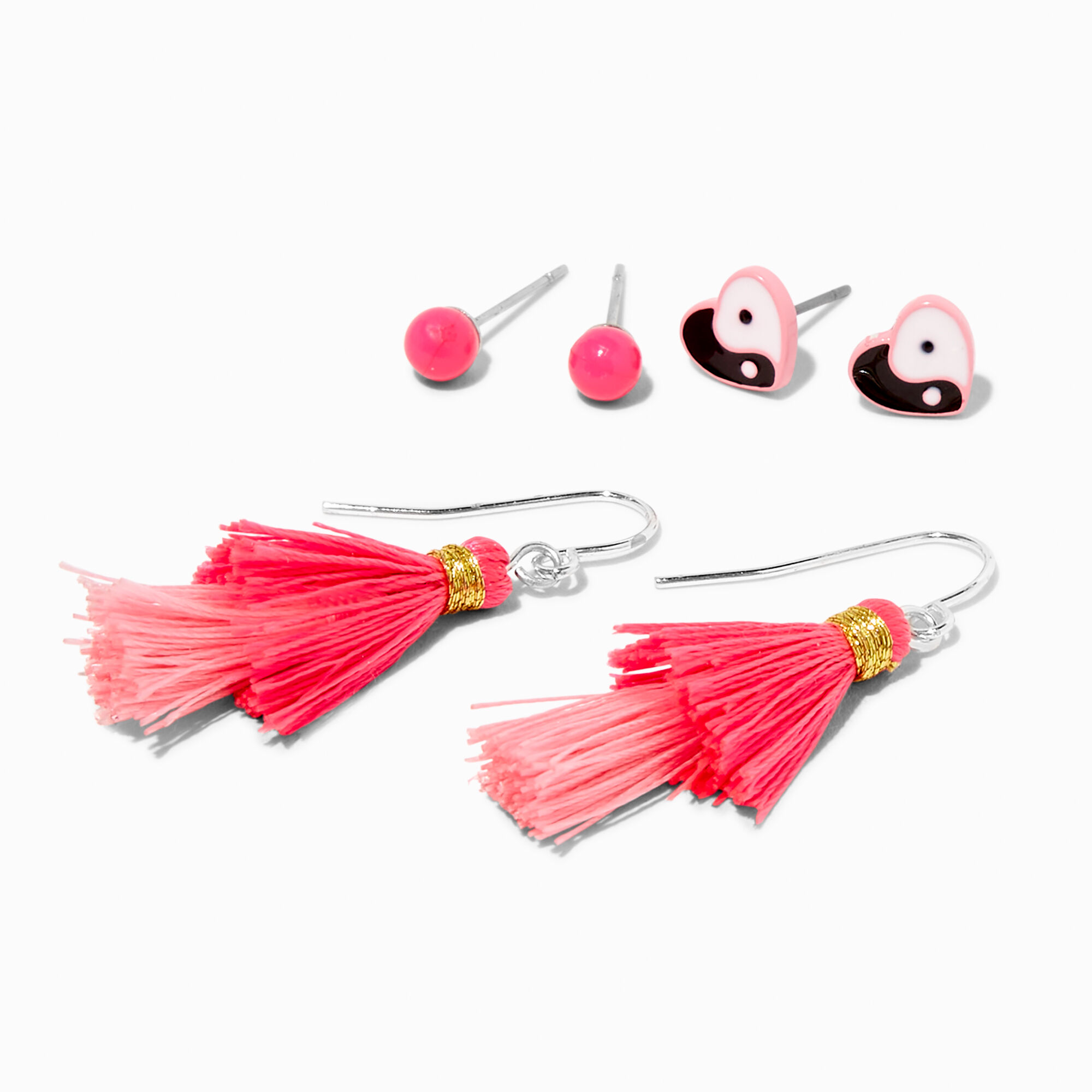 Pink Yin Yang Tassel Mixed Earrings 3 Pack Claire s