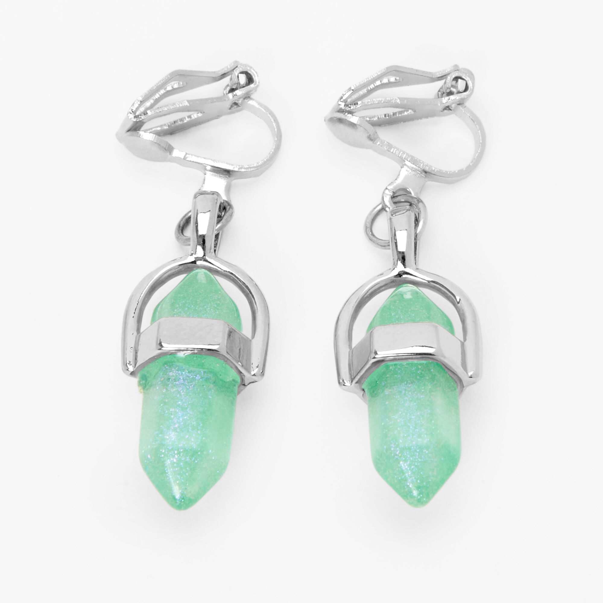 Gemstone silver tone frame drop earrings