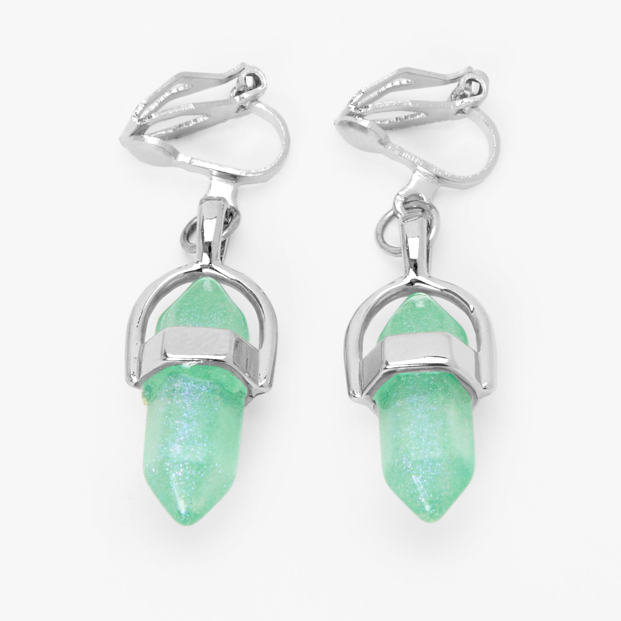Mint Green 1'' Mystical Gem Clip On Drop Earrings,