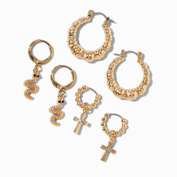 Gold-tone Bamboo Cross Snake Hoop Earring Stackables Set - 3 Pack,