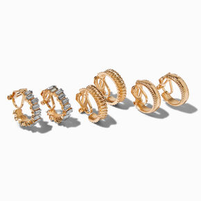 Gold-tone Crystal Textured 20mm Hoop Clip-On Earrings - 3 Pack,