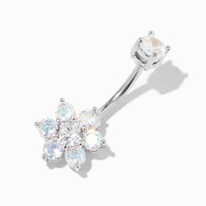 Silver-tone Stainless Steel Iridescent AB Cubic Zirconia Flower 14G Belly Bar,