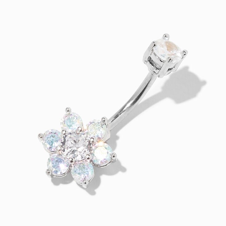 Silver-tone Iridescent Crystal Flower 14G Belly Ring,