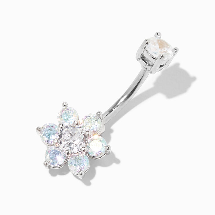 Silver-tone Stainless Steel Iridescent AB Cubic Zirconia Flower 14G Belly Bar,