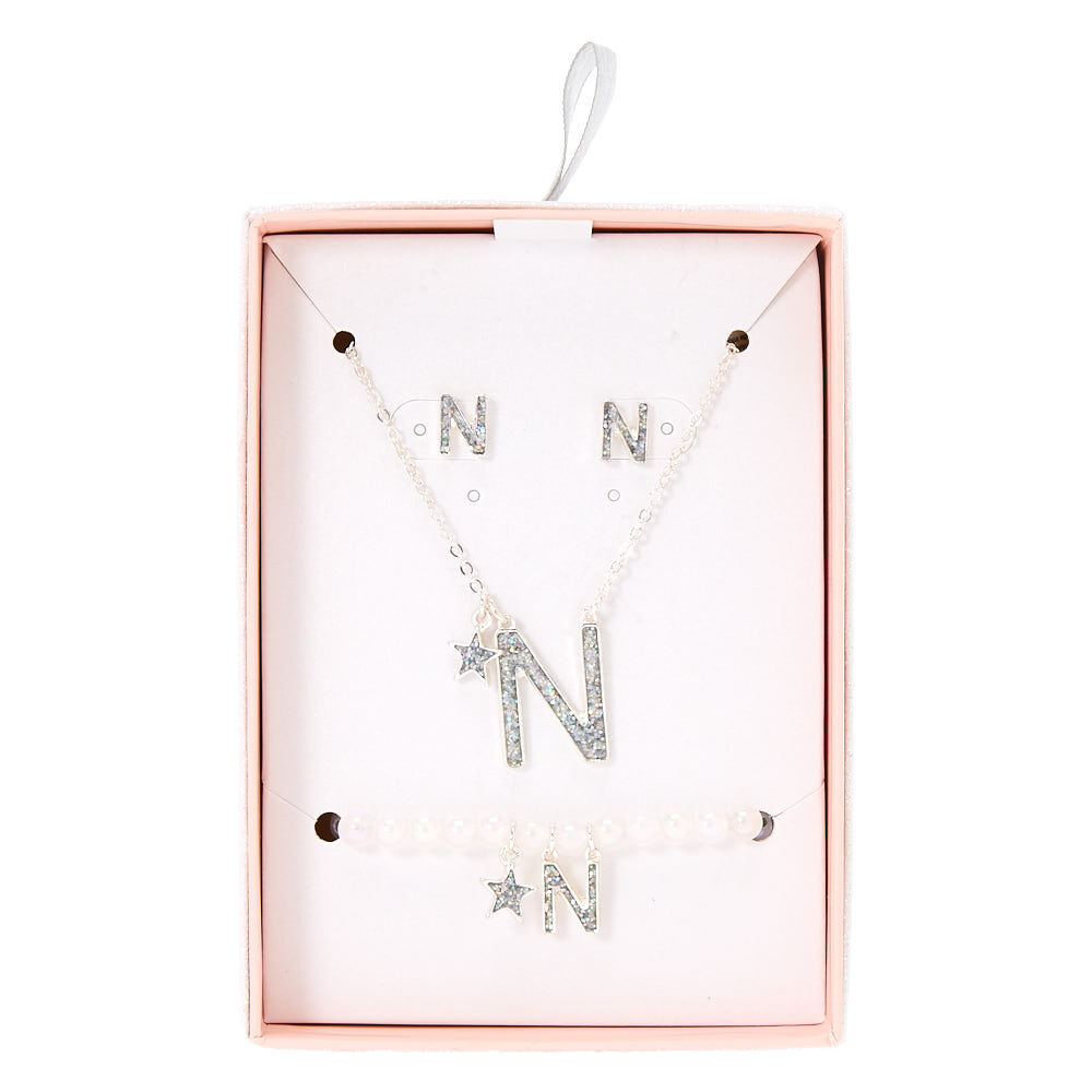 Silver Iridescent Glitter Initial Letter N Jewellery Set,