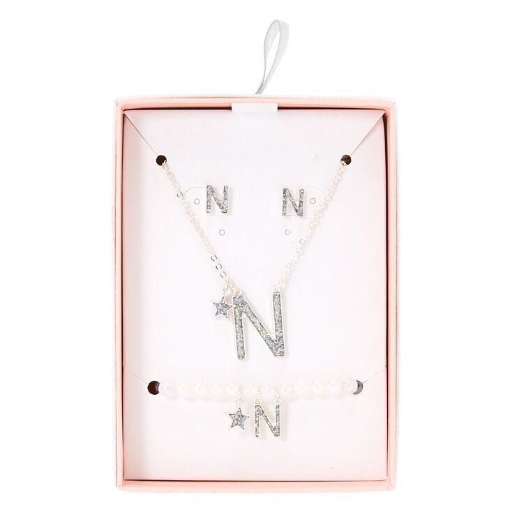 Silver Iridescent Glitter Initial Letter N Jewellery Set,