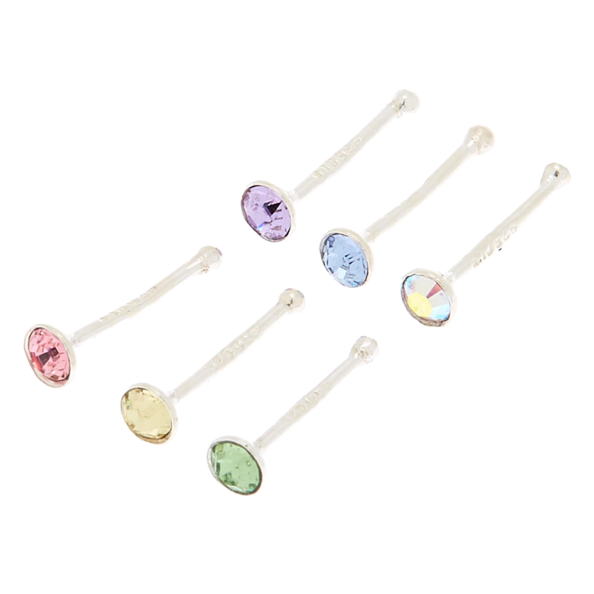 View Claires Tone 22G Pastel Crystal Nose Studs 6 Pack Silver information