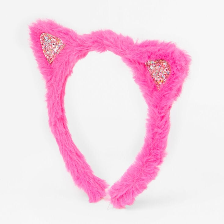 Claire&#39;s Club Plush Pink Glitter Cat Ears Headband,