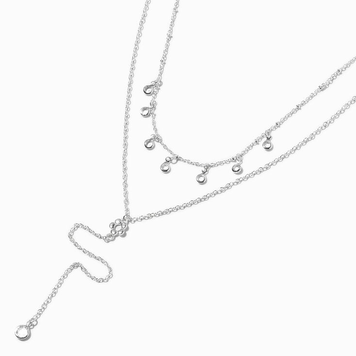 Silver-tone Bezel Daisy Y-Neck Multi-Strand Necklace,