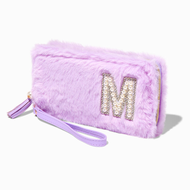 Lavender Furry Pearl Initial Wristlet Wallet - M,