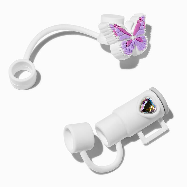 Purple Butterfly &amp; White Cup Straw Covers - 2 Pack,
