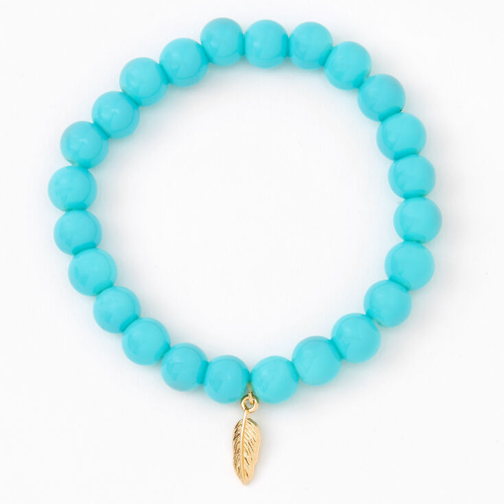 Bracelet &eacute;lastique perl&eacute; &agrave; plumes couleur dor&eacute;e - Turquoise,