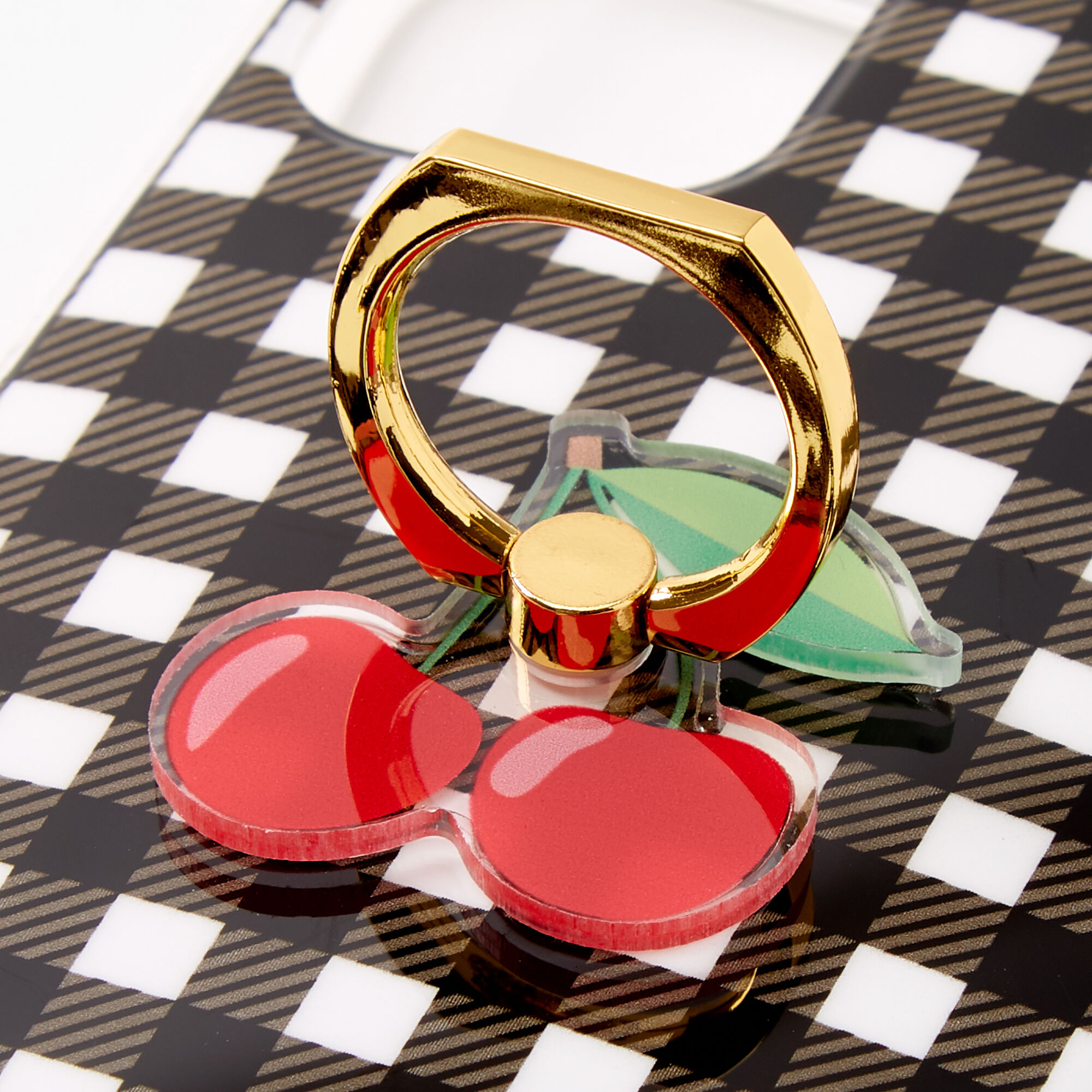 Gingham Cherry Ring Holder Protective Phone Case - Fits iPhone 11,
