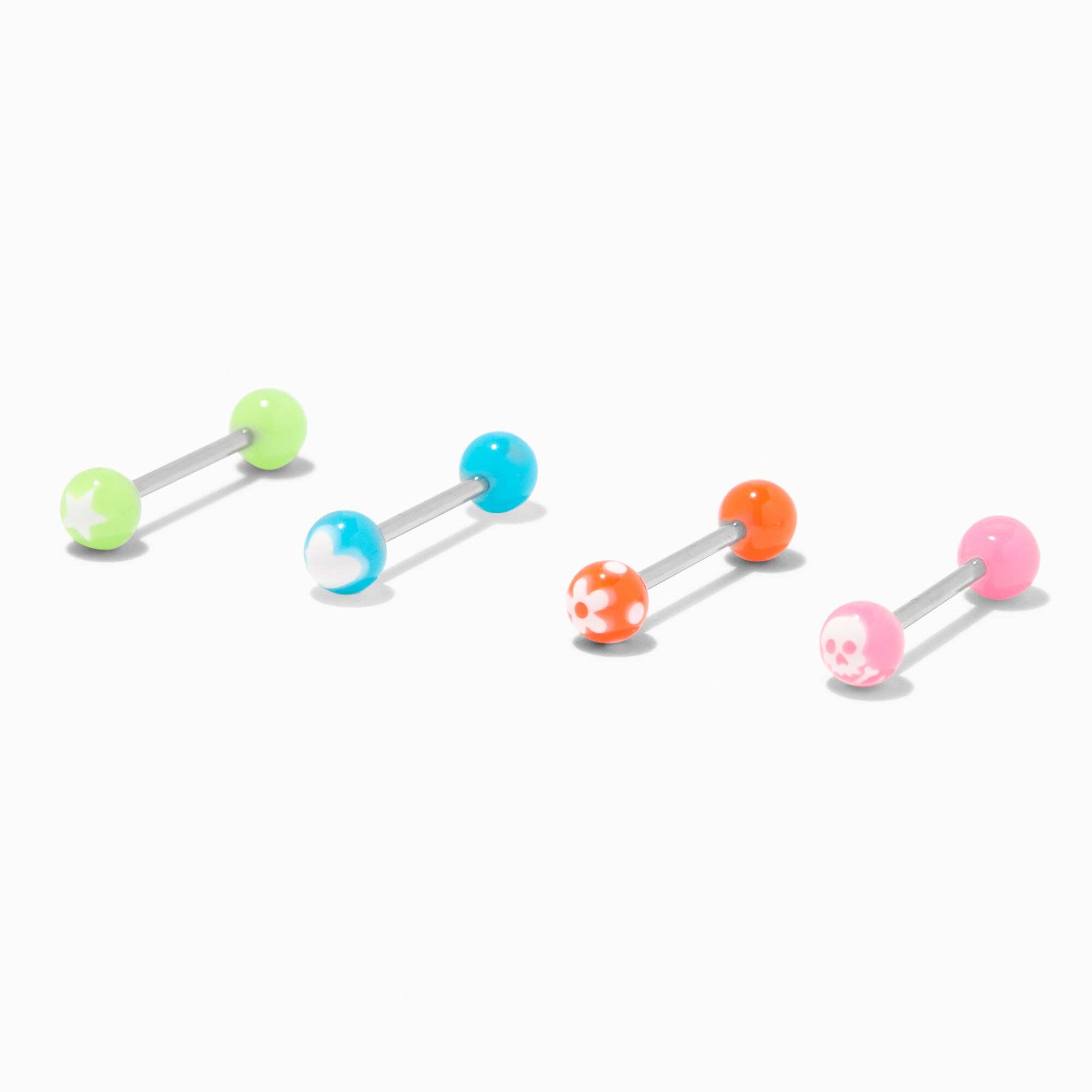 View Claires Glow In The Dark Bright Ball 14G Barbell Tongue Rings 4 Pack Silver information