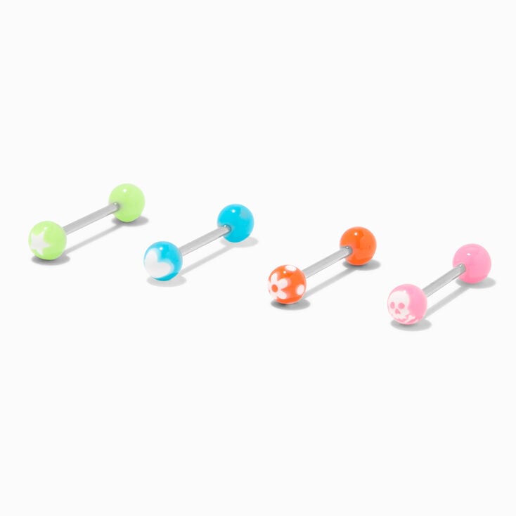 Glow in the Dark Bright Ball 14G Barbell Tongue Rings - 4 Pack,