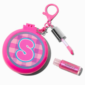 Pink Plaid Initial Hair Brush &amp; Lip Gloss Keychain - S,