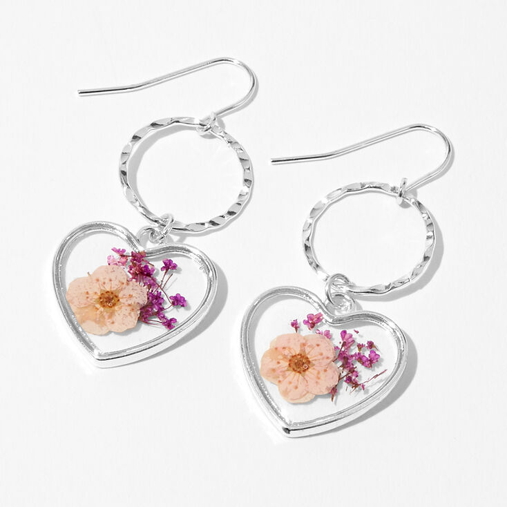 Silver 1&quot; Flower Pressed Heart Drop Earrings,
