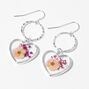 Silver 1&quot; Flower Pressed Heart Drop Earrings,
